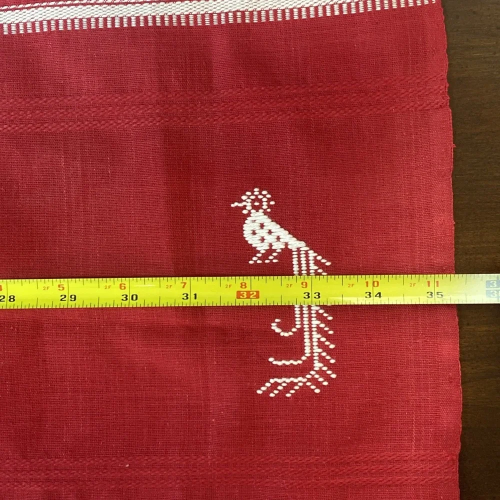 Vintage Woven Red Table Runner‎ White Stripes Peacocks Birds Fringe